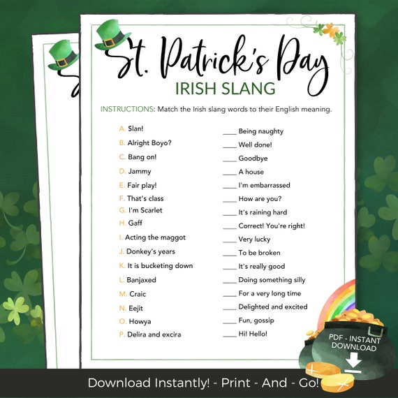 St Patricks Day Game Irish Slang, St Paddys Day Printable Game for Kids Family Office, Kids & Adult Party Games, St Patricks Day Trivia