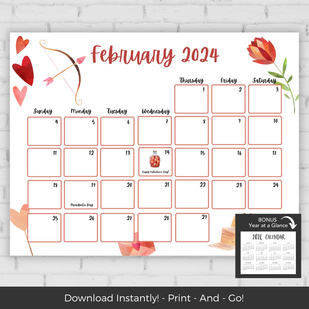 February 2024 Calendar, Kids Calendar Printable, Calendar 2024, Monthly