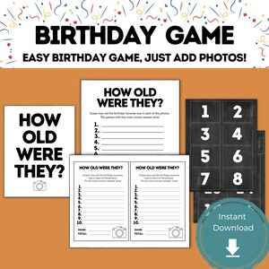 Puede incluir: Juego de cumpleaños imprimible con el texto "How Old Were They?" y un icono de cámara. El juego incluye una hoja con seis líneas numeradas para adivinar la edad de la persona de cumpleaños en las fotos. También hay dos hojas adicionales con diez líneas numeradas para adivinar la edad de la persona de cumpleaños en las fotos. El juego también incluye una hoja con los números del 1 al 8 en cuadrados negros.
