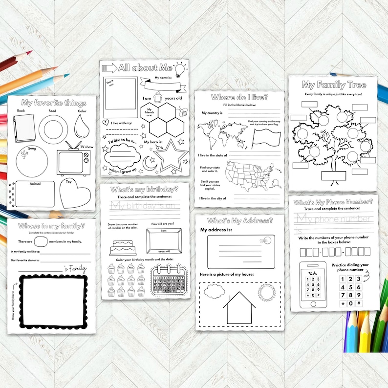 May include: Black and white printable worksheets for kids to fill out about themselves, their family, and their home. The worksheets include prompts for name, age, birthday, address, phone number, favorite things, family tree, and where they live.
