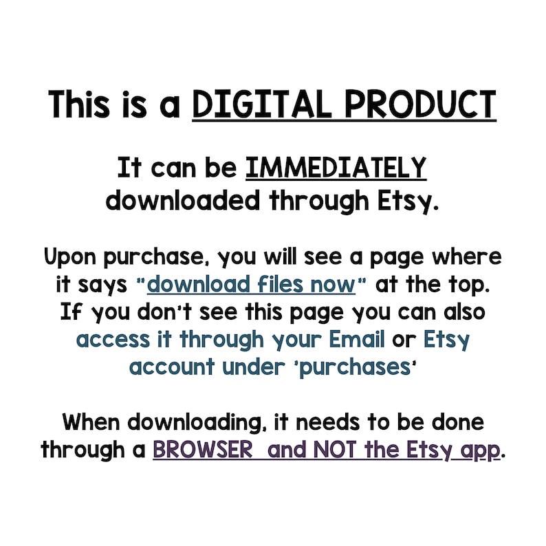 Peut inclure: Texte noir sur fond blanc indiquant qu'il s'agit d'un produit num&eacute;rique, t&eacute;l&eacute;chargeable imm&eacute;diatement via Etsy. Des instructions sont fournies pour le t&eacute;l&eacute;chargement via un navigateur, et non l'application Etsy.
