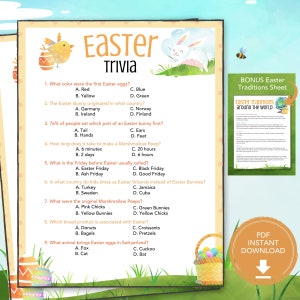 Puede incluir: Un juego de preguntas y respuestas sobre Pascua imprimible con nueve preguntas sobre las tradiciones de Pascua. Las preguntas se muestran en un fondo blanco con ilustraciones coloridas de conejos de Pascua y huevos. El juego se titula "Easter Trivia".