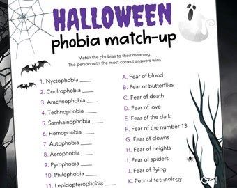 Phobia Trivia Game Halloween Printable, Halloween Party Games for Kids & Adults, Halloween Birthday Party Printable, Easy Halloween Games