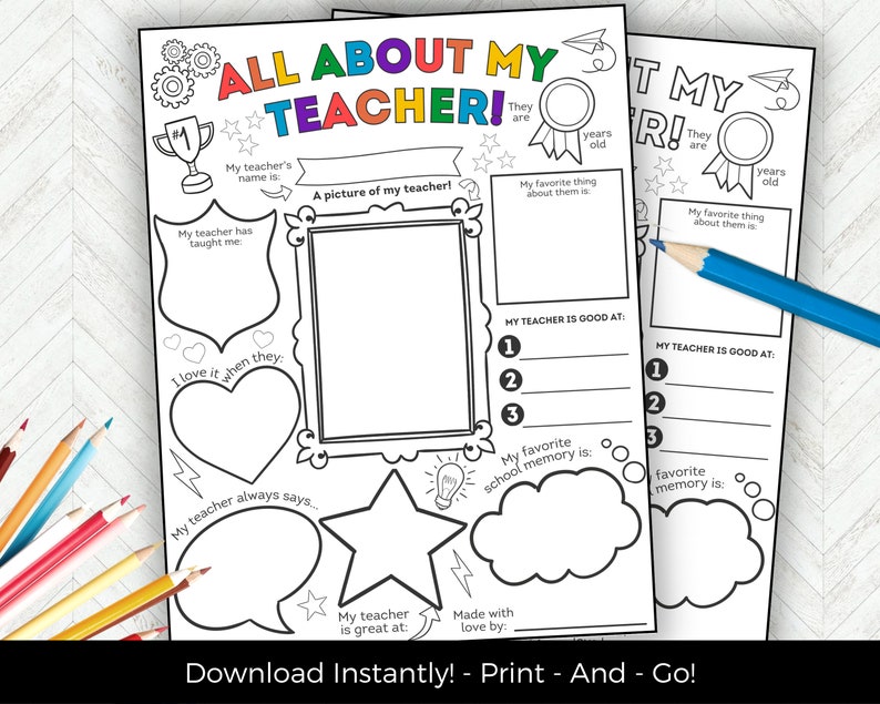 All About My Teacher, Teacher Appreciation Week Printable Teacher Thank ...