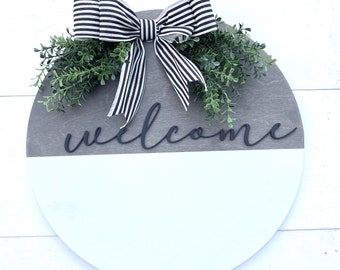 Spring Round Door Hanger, White and Brown Sign for Front Door, Welcome Handwritten Font Sign, Welcome Front Porch Sign