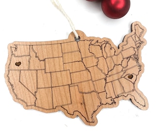 2023 Christmas Ornament, United States Long Distance Ornament, Oversized Map Ornament, US Ornament with Heart, Travel Map, Gas Ornament