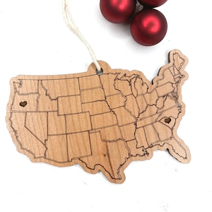 2023 Christmas Ornament, United States Long Distance Ornament, Oversized Map Ornament, US Ornament with Heart, Travel Map, Gas Ornament