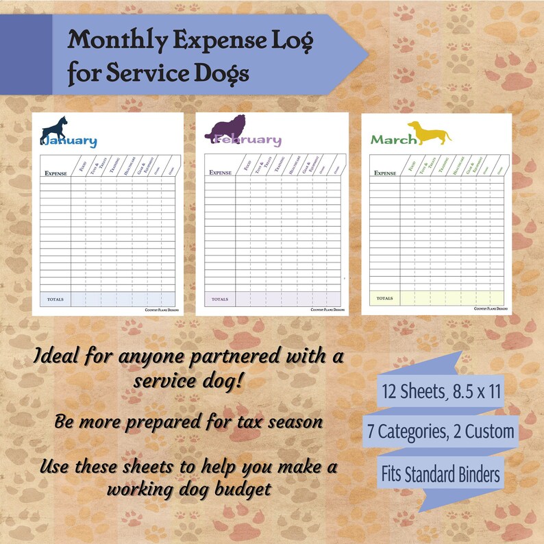 Monthly Expense Log for Service Dogs Etsy