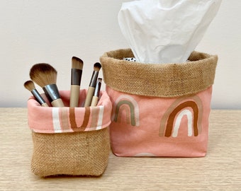 AUSTRALIAN MADE HESSIAN & Fabric Basket / Boho Arches Rainbow / Reversible / Storage / Gift / Plant Bag / Bathroom / Eclectic / Makeup