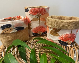 AUSTRALIAN MADE JUTE & Fabric Baskets / Peach / Reversible / Australian Flora / Storage / Gift / Boho / Hessian / Burlap / Eclectic