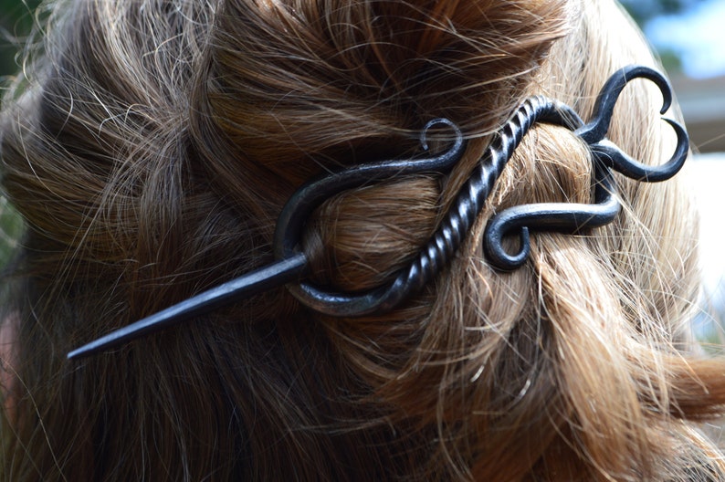 Viking Hair Clip, Viking Costume, Medieval Costume, Blacksmith Made, Heart Hair Stick, Twisted Barrette image 2