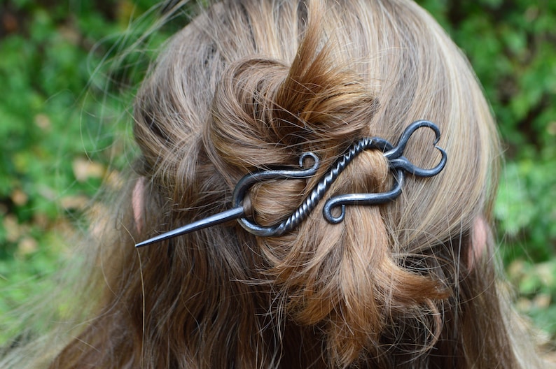 Viking Hair Clip, Viking Costume, Medieval Costume, Blacksmith Made, Heart Hair Stick, Twisted Barrette image 1