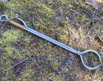 Hand Forged Fire Tongs with Leather Grip for the Fireplace or Fire Pit