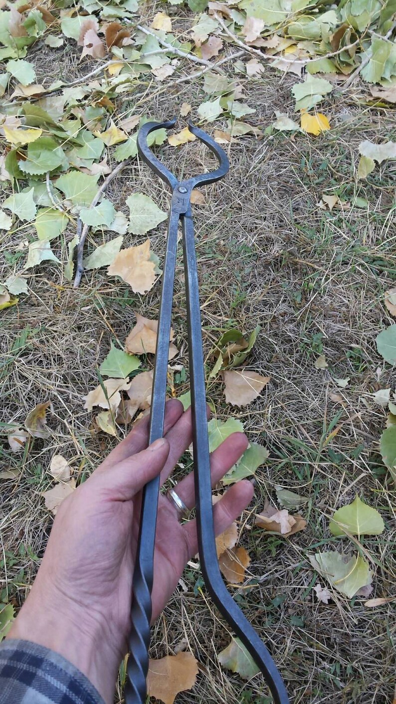 Iron Fire Tongs Blacksmith Made Handmade Hand Etsy