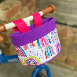 Bike & Scooter Handlebar Basket | 6 Way Push Clip on | Rainbow+ Purple Bike | Scooter | Tricycle | Balance Bike |