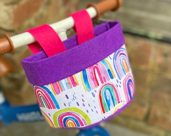 Bike & Scooter Handlebar Basket | 6 Way Push Clip on | Rainbow+ Purple Bike | Scooter | Tricycle | Balance Bike |