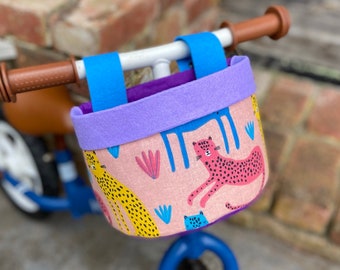 Bike & Scooter Handlebar Basket | 6 Way Push Clip on | Cute Leopards + Purple | Bike | Scooter | Tricycle | Balance Bike |