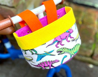 Bike & Scooter HandleBar Basket | Clip on for Kids | Neon Dinosaurs + Yellow Purple