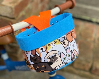 Bike & Scooter HandleBar Basket | Clip on | Cats And Dogs + Blue Orange