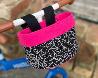 Bike & Scooter Handlebar Basket | 6 Way Push Clip on | Black Constellation + Pink | Scooter | Tricycle | Balance Bike |