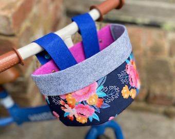 Bike & Scooter HandleBar Basket | Clip on | Navy Floral + Grey Purple