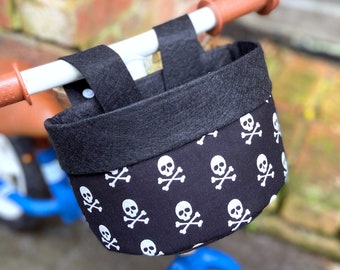 Bike & Scooter HandleBar Basket | Clip on for Kids | Skull and Cross Bone + Black