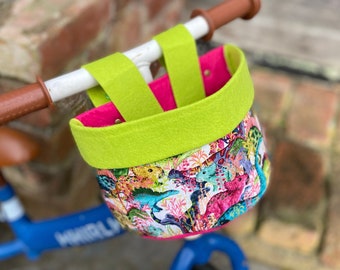 Bike & Scooter HandleBar Basket | Clip on | Hot Pink Green + Dinosaurs