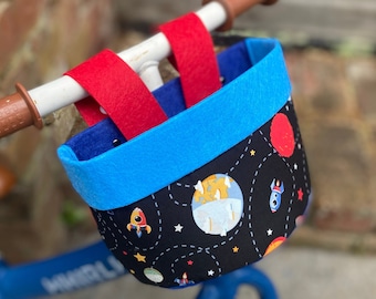 Bike & Scooter Handlebar Basket | 6 Way Push Clip on | Space Ships + Blue Red | Scooter | Tricycle | Balance Bike |