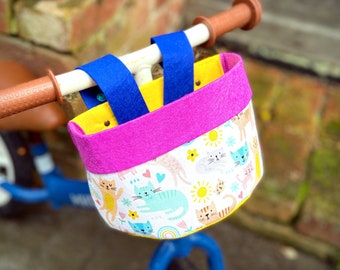 Bike & Scooter HandleBar Basket | Clip on for Kids | Rainbow Cats + Yellow Blue Purple