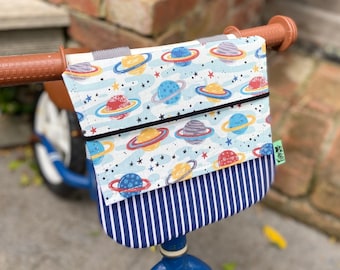 Bike & Scooter Flap Handlebar Basket | 6 Way Push Clip on | Planets + Blue | Bike | Scooter | Tricycle | Balance Bike |