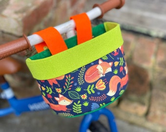 Bike & Scooter Handlebar Basket | 6 Way Push Clip on | Foxes + Green | Scooter | Tricycle | Balance Bike |