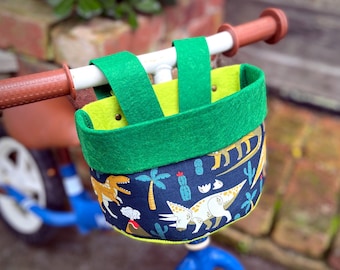 Bike & Scooter HandleBar Basket | Clip on for Kids | Green Dinosaurs + Green