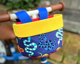 Bike & Scooter HandleBar Basket | Clip on for Kids | Snakes + Red Blue Yellow