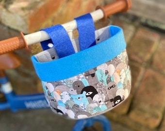 Bike & Scooter Handlebar Basket | 6 Way Push Clip on | Monsters + Blue Grey | Scooter | Tricycle | Balance Bike |