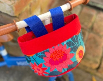 Bike & Scooter Handlebar Basket | 6 Way Push Clip on | Red Floral | Scooter | Tricycle | Balance Bike |