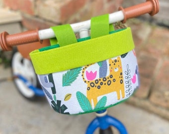 Bike & Scooter Handlebar Basket | 6 Way Push Clip on | Safari white + Green | Scooter | Tricycle | Balance Bike |