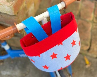 Bike & Scooter Handlebar Basket | 6 Way Push Clip on | Stars + Red Blue | Scooter | Tricycle | Balance Bike |
