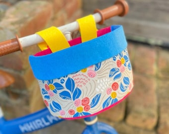 Bike & Scooter Handlebar Basket | 6 Way Push Clip on | Rose + Pink Blue Yellow | Scooter | Tricycle | Balance Bike |