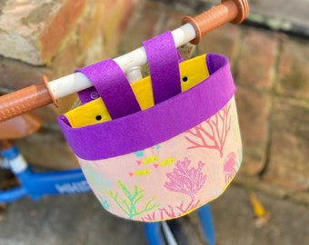 Bike & Scooter Handlebar Basket | 6 Way Push Clip on | Under the sea + Purple Yellow | Scooter | Tricycle | Balance Bike |