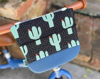 Bike & Scooter Flap Handlebar Basket | 6 Way Push Clip on | Cactus Blue | Bike | Scooter | Tricycle | Balance Bike |