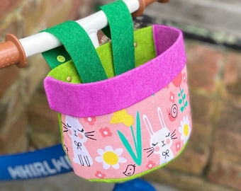 Bike & Scooter Handlebar Basket | 6 Way Push Clip on | Bunny Pink + Purple Green | Bike | Scooter | Tricycle | Balance Bike |