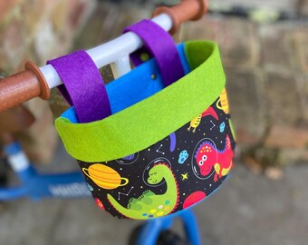 Panier pour guidon de vélo et de trottinette | Clipser | Dinos dans l'espace + Vert Violet Bleu