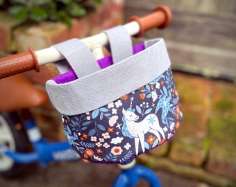 Bike & Scooter HandleBar Basket | Clip on for Kids | Unicorns + Grey Purple