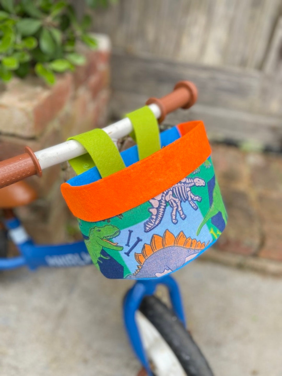 Bike & Scooter Handlebar Basket 6 Way Push Clip on 80's Dinos Orange