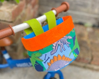 Bike & Scooter Handlebar Basket | 6 Way Push Clip on | 80's Dinos + Orange | Scooter | Tricycle | Balance Bike |