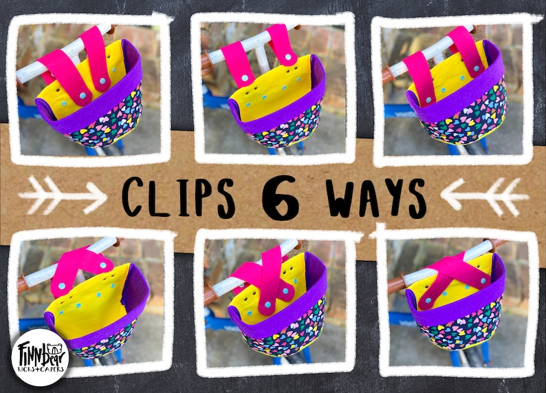 May include: Six images of bicycle baskets, each with a yellow interior, a purple rim, and a patterned exterior with colorful hearts. The baskets are attached to a bicycle handlebar with pink straps. The text "CLIPS 6 WAYS" is displayed on a brown background.