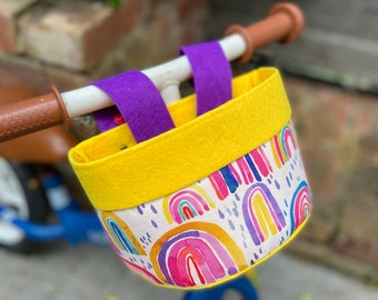 Bike & Scooter Handlebar Basket | 6 Way Push Clip on | Rainbows + Yellow Purple | Scooter | Tricycle | Balance Bike |