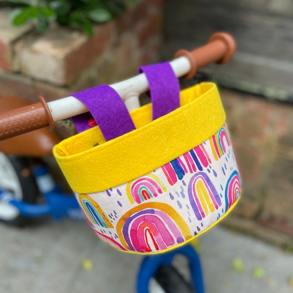 Bike & Scooter Handlebar Basket | 6 Way Push Clip on | Rainbows + Yellow Purple | Scooter | Tricycle | Balance Bike |