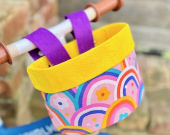 Panier pour guidon de vélo et de trottinette | Clipser | Fleurs arc-en-ciel + jaune