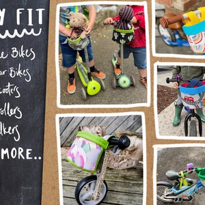 May include: A collection of children's bikes and scooters, each fitted with fabric baskets in various patterns. The image includes the text "EASY FIT" and lists compatible items such as "Balance Bikes" and "Scooters" for easy fitting.